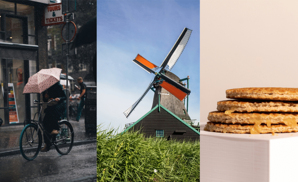 Rainy dutch weather, typical windmill in the netherlands and stroopwafels.
